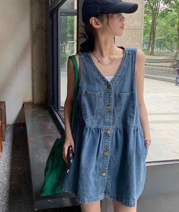 ジャンパースカート 大人 デニム 韓国 レディース 春秋 ミニ丈 Vネック ノースリーブ ワンピース ボタン ポケット Aライン レトロ カジュアル おしゃれ