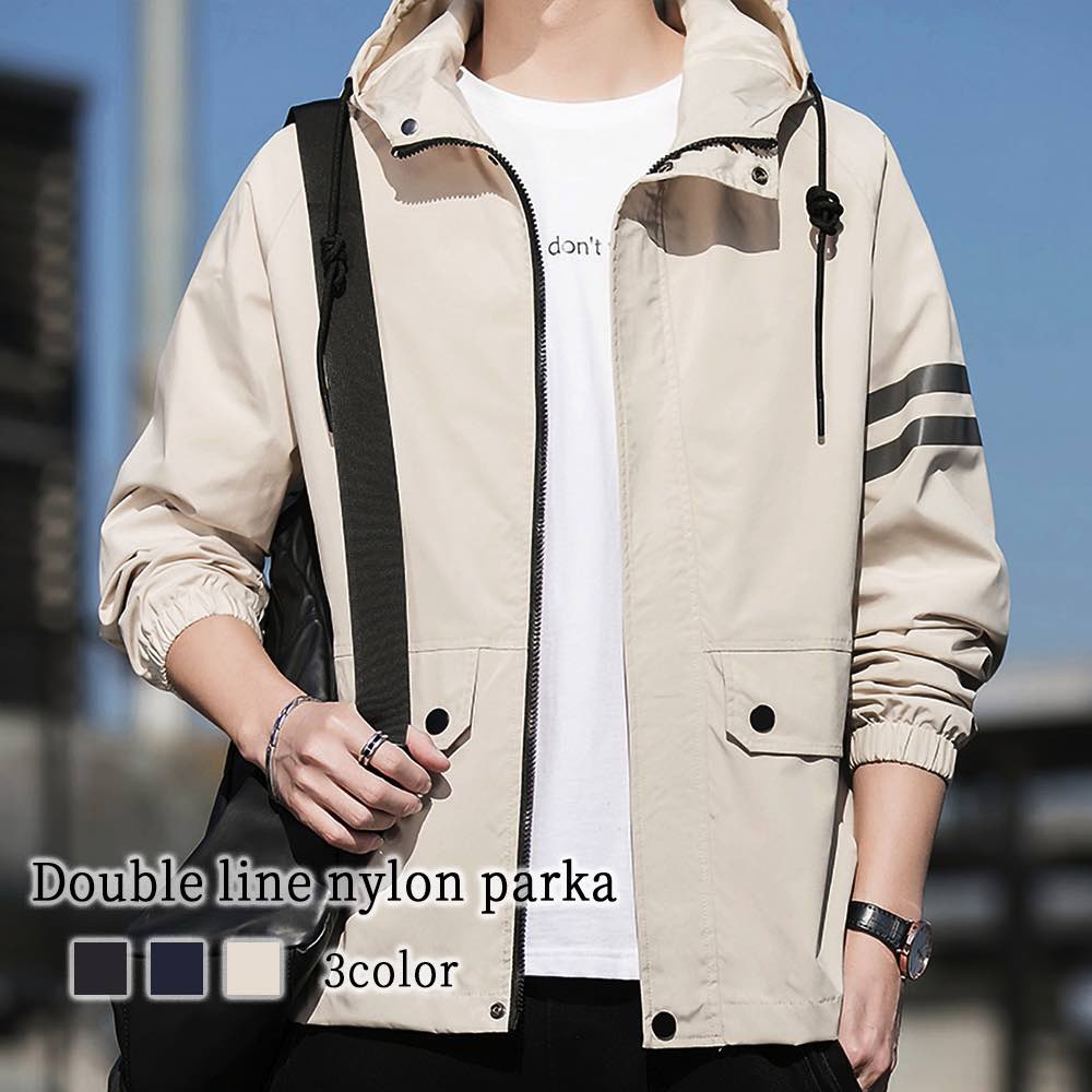 パーカー メンズ ダブルラインナイロンパーカ ダウン 黒 ゆったり 厚手 冬 プルオーバー 白 大人 暖かい 春 ゴルフ アウター ストリート モコモコ 長袖 ベージュ 人気 ジップ オーバーサイズ