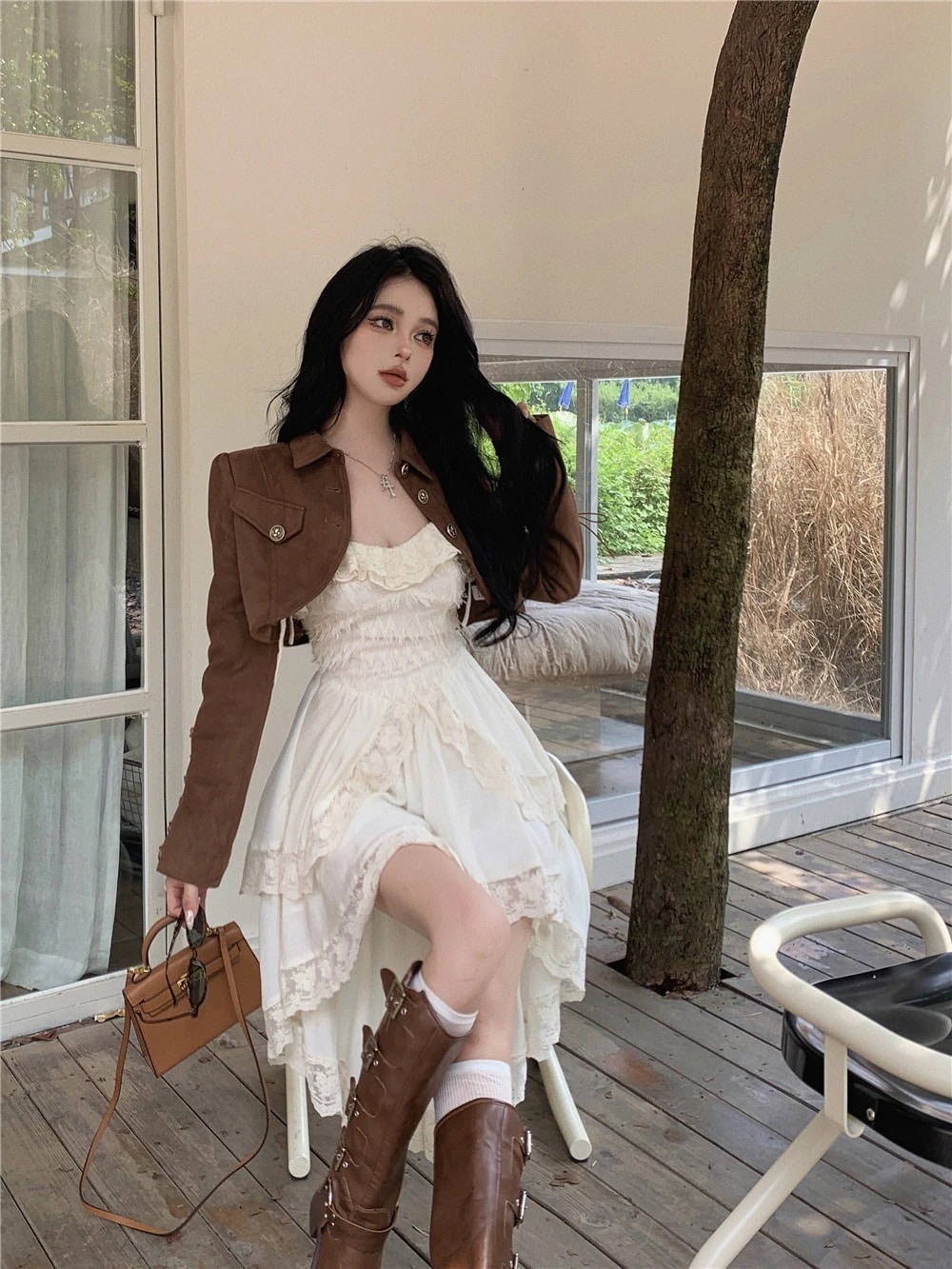 25 ワンピース ドレス ミニ丈 ラウンドネック 韓国ファッション レディース 白 おしゃれ かわいい シンプル お出かけ フレンチ
