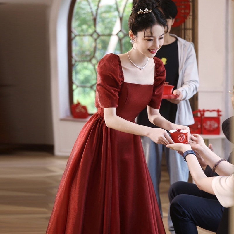 トーストウェア小さな花嫁 2024 レッド高級イブニングドレス宴会結婚逃亡王女の婚約ドレス女性