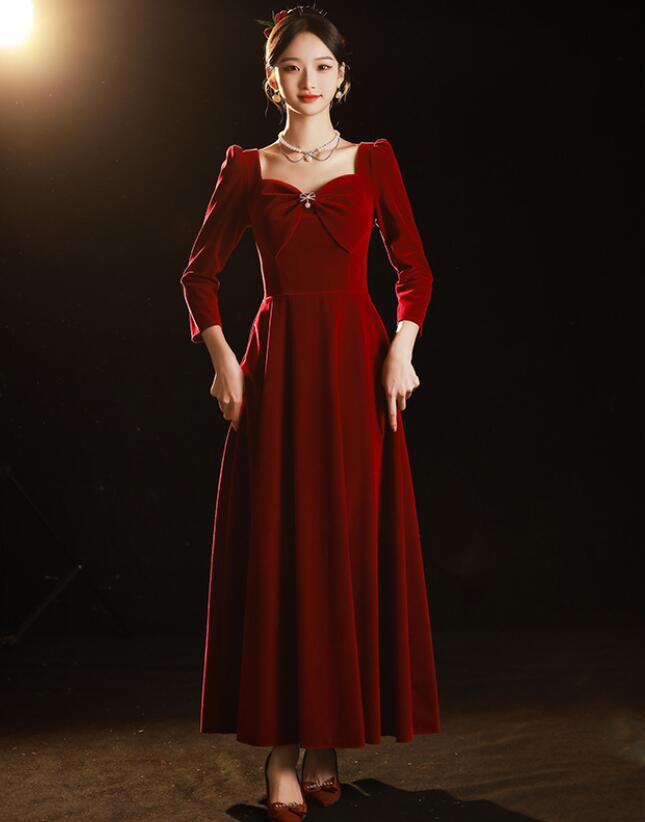 レディースドレス 上品 ワインレッド パーティードレス 音楽会 演奏会 結婚式 ブライズメイド おしゃれ 無地 新着 お呼ばれ ロングワンピース ミモレ丈ドレス ファスナー 長袖ワンピース ウェディン