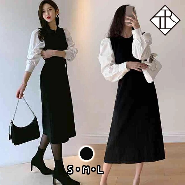 【即納】ワンピース レディース ロング丈 ニット ワンピース ニットワンピ カジュアル 長袖 大きいサイズ 春 夏 秋冬 ワンピ クルーネック バルーンスリーブ デート オフィスカジュアル ドッキング