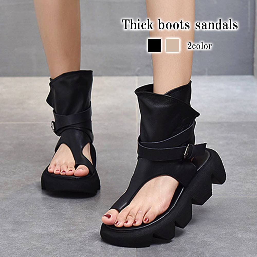 ブーツ レディース 厚底ブーツサンダル 厚底 ミドル丈 夏 靴 フロント きれいめ 防水 ロング 滑らない ウォーキング 秋 おしゃれ ショート ローヒール レザー 撥水 レースアップ ヒール 軽量