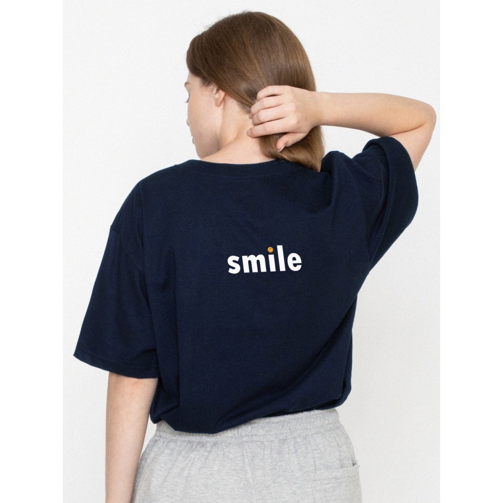 グレイバースマイルドットスマイルバックプリント半袖Tシャツネイビー