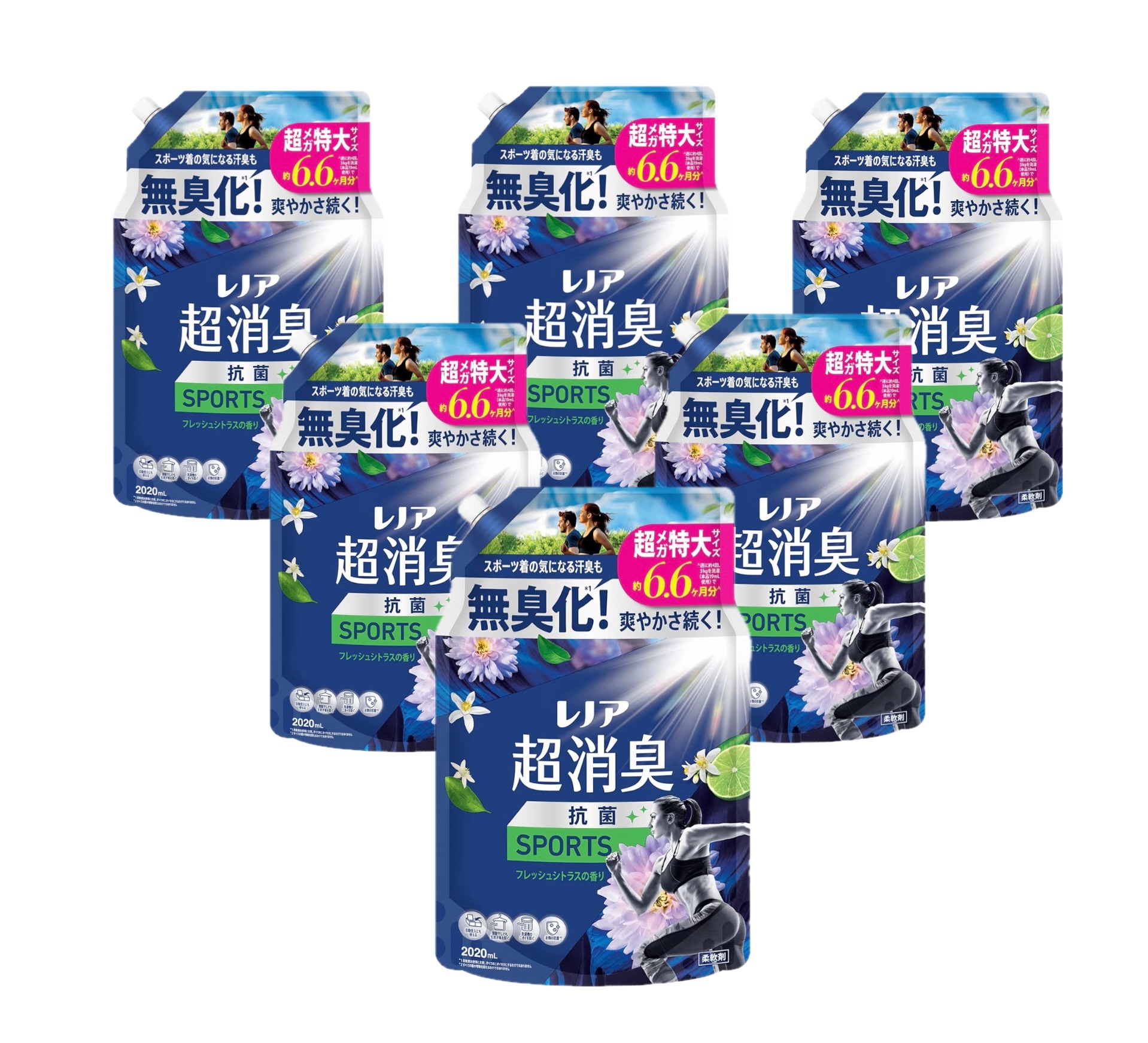 超消臭 抗菌 柔軟剤 　SPORTS 【フレッシュシトラスの香り 】 詰め替え 2020mL×6袋　[大容量]
