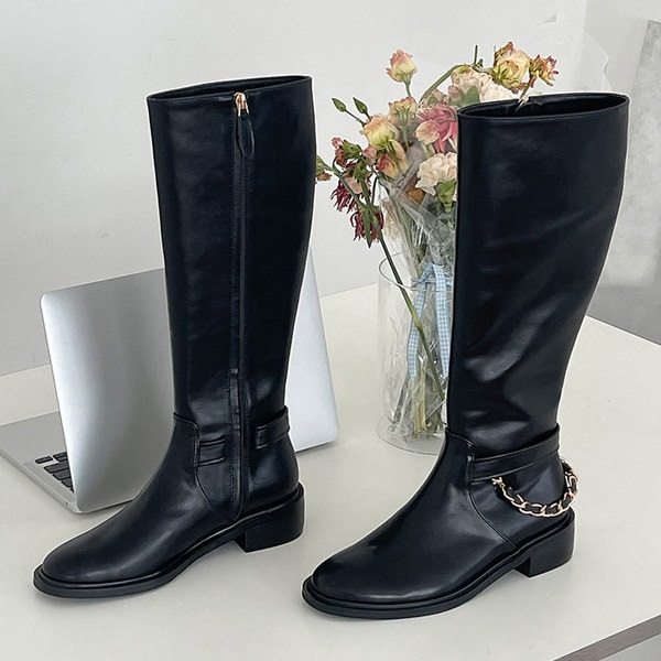 ロングブーツ チェーン モチーフ サイドジップ レディース 黒