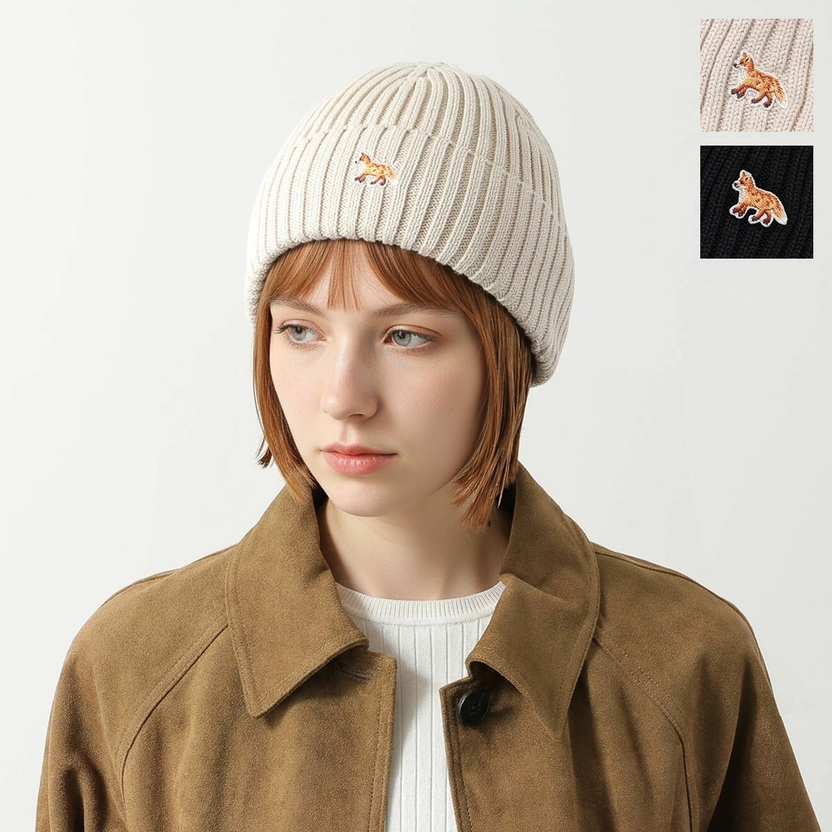 MAISON KITSUNE メゾンキツネ ニット帽 PW06103KT1140 レディース ベイビーフォックス刺繍 ニットキャップ ビーニー コットン リブ 帽子 カラー2色