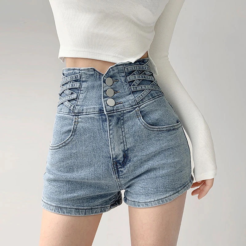 デニムパンツ女性ひんやりボトム単列ボタンクロスハイウエストストレート修身弾力insスラックスパンツ脚見せ ショートパンツ