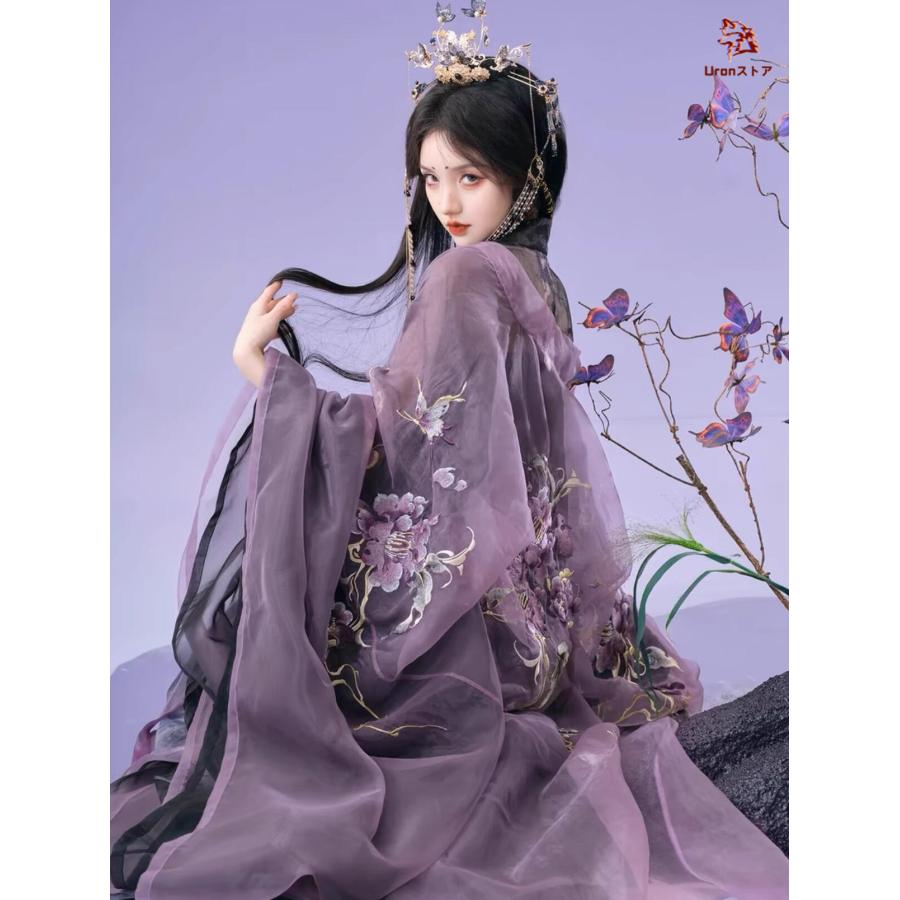 2026春夏新作漢服4点セット 暗黒系 中華コスプレ衣装 紫と黒の振袖羽織 ストール付き シフォン ひらひら ツバキ 花刺繍 中国古代服装 中華衣装 華流 妖精 ハロウィン コスプ漢服4点セット 暗黒