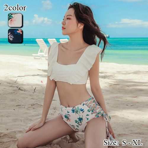 【グラシア】 水着 ハイウエスト レディース ビーチウェア スイムウェア 流行 海 プール バンドゥ フリル レースアップ バンドゥ ビキニ 大人 肌見せ レース アイボリー ネイビー S M L ×