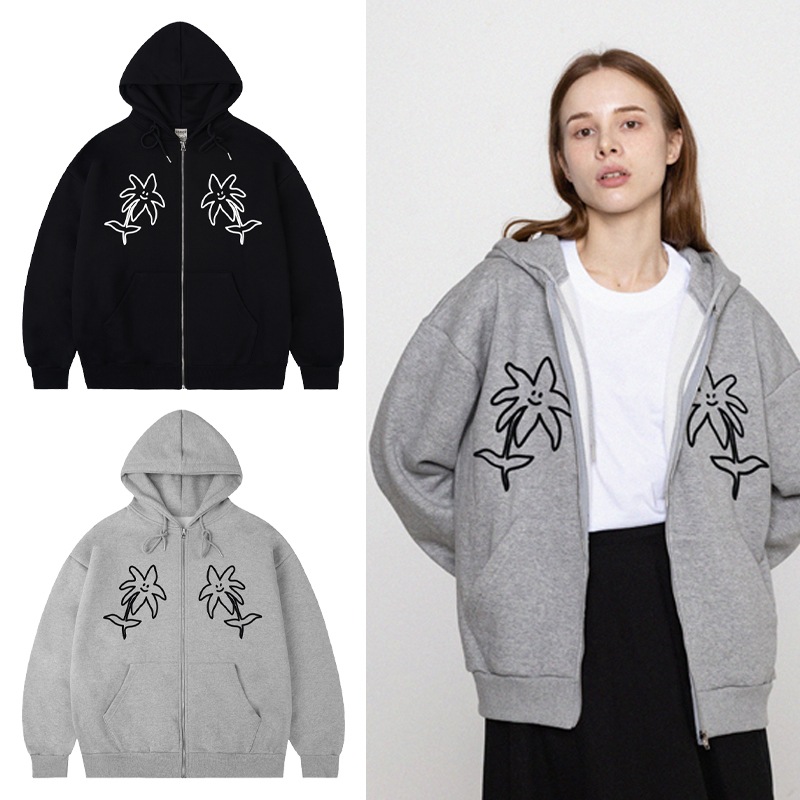 [UNISEX] TWO drawing line flower hooded zip-up_2color