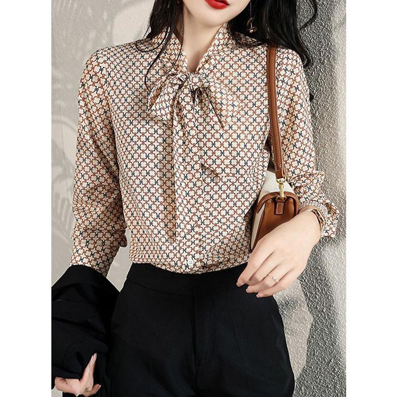 ブラウス レディース トップス 長袖 ボウタイブラウス 春 秋 総柄 シャツブラウス オフィス 通勤服 おしゃれ 大きいサイズ レトロ 春秋 OL デート ガーデン 着回し モテ S M L XL
