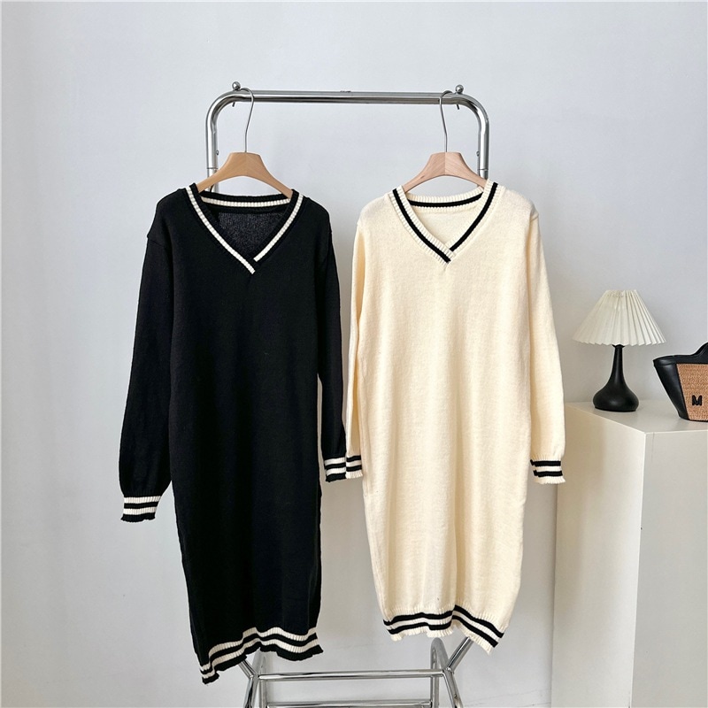 【1つ買うと10つ無料】韓国のファッション汎用セータースカートミッドレングスの女性のゆるい怠 膝の膝のvネック部隊の怠な風