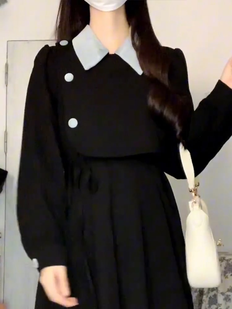 黒の長袖ドレス子供シーズン2023新しい偽のツーピーススーツはスーツのロングスカートのシニアセンスをドレープ