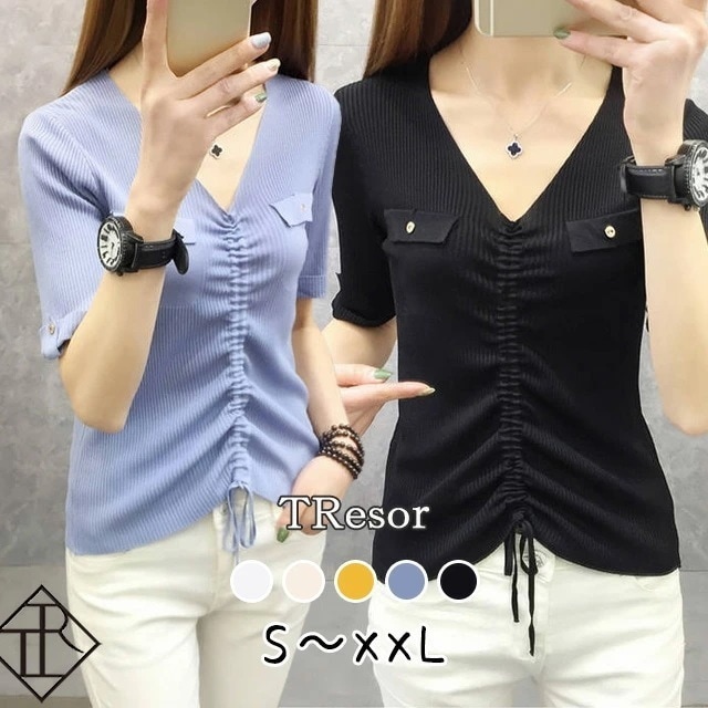 ２点で13o円OFF！【即納】サマーニット レディース Vネック 半袖 春 夏 トップス tシャツ ニットソー 薄手 五分袖 Vネック シャーリング クール 二の腕カバー 袖あり リボン カジュアル