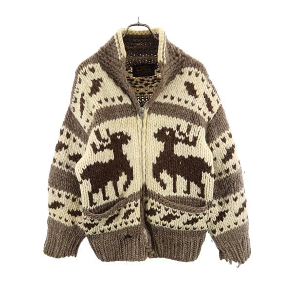ロングハウス 90s カナダ製 オールド ウール カウチンジャケット ブラウン系 LONGHOUSE ニット メンズ