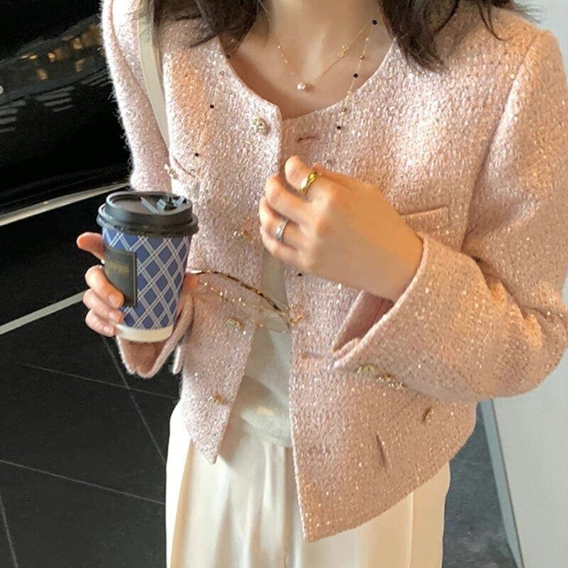 コート ピンク 小向風 スパンコール ウール ショートコート レディース ツイード スーツ カーディガン 重工業 2026 年新作1