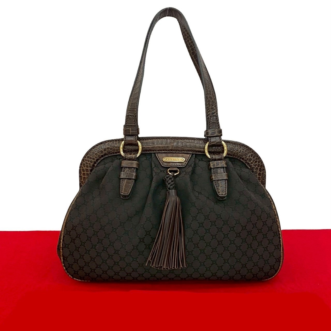 ヴィンテージ マカダム ブラゾン トリオンフ 柄トートバッグ キャンバス レザー ブラウン 39400