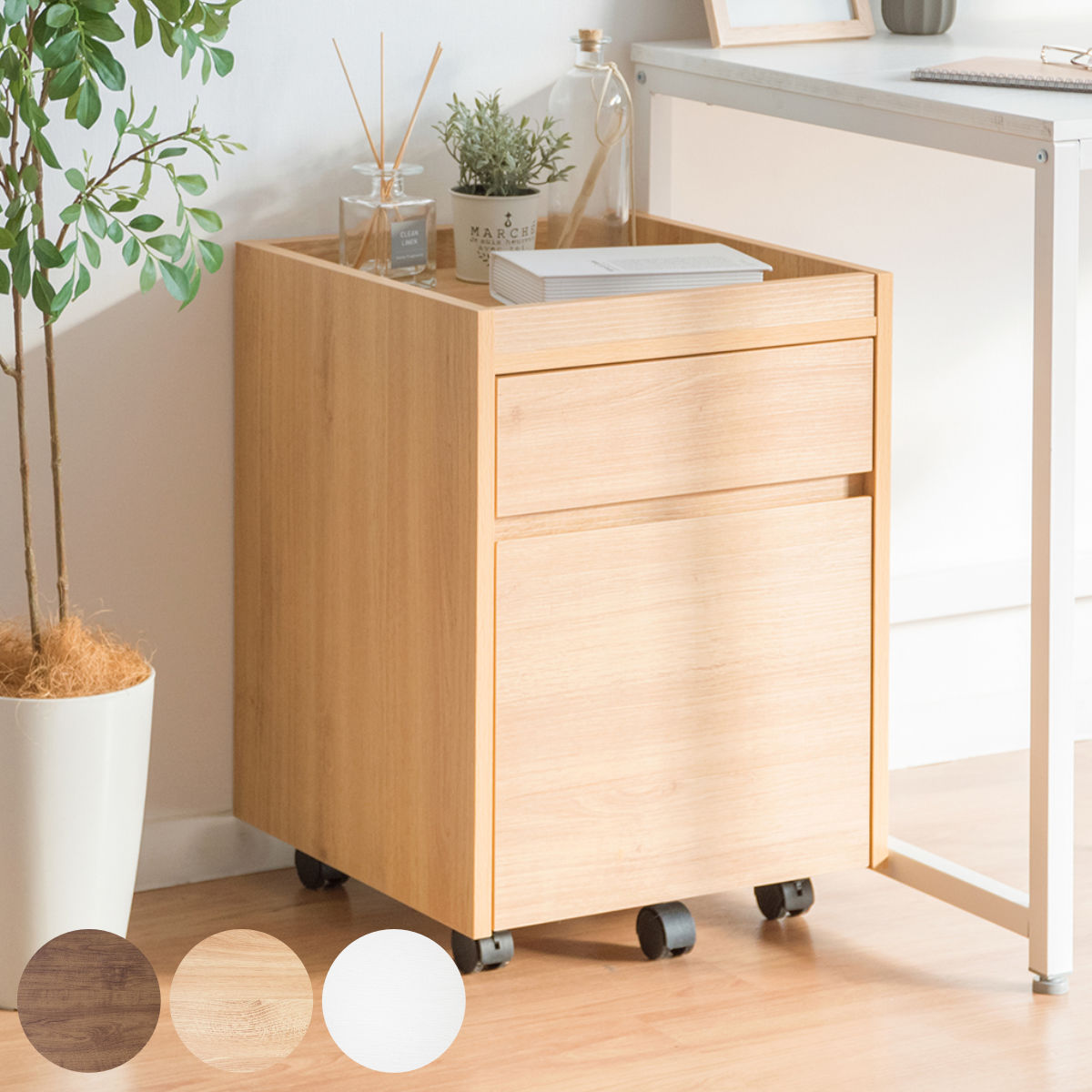 サイドチェスト 2段 木目調 キャスター付 幅40cm デスクワゴン ワゴン サイドワゴン デスクキャビネット サイドテーブル 引き出し デスク 収納 おしゃれ ナチュラル ブラウン ホワイト 8,483円