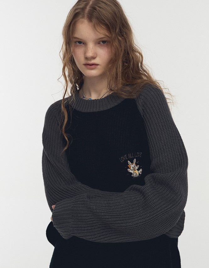 ホッピー ラグラン ブロック ニット チャコール　UNISEX