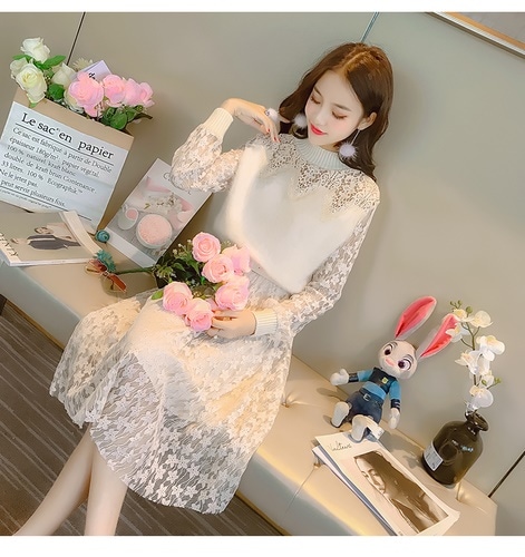 1300．花柄レースニットドレス（アプリコット）女子会 二次会 お呼ばれ 大人 かわいい パーティ