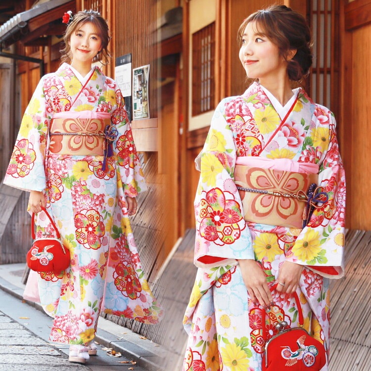 レンタル最大20日間当店オリジナル 成人式 振袖 レンタル 20点フルセット 派手白地に桜と菊 成人式 結婚式 フォーマル