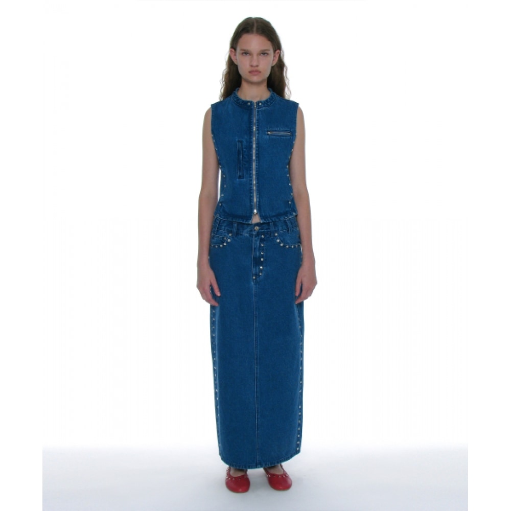 PARTIMENTO 女性用スタッズ付きデニムマキシスカート_ミッドブルー