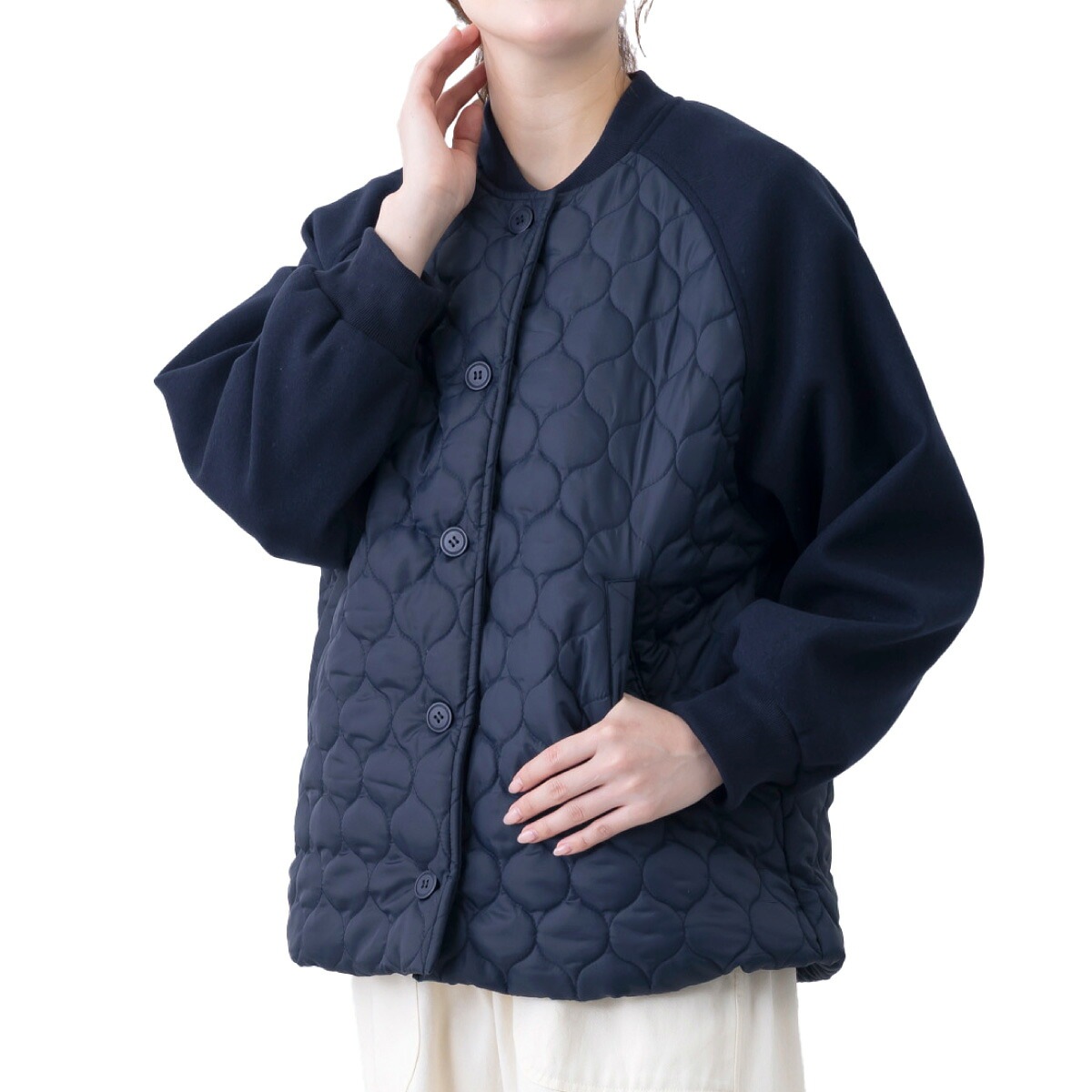 ブルゾン キルティング ジャケット コート レディース アウター 羽織 ミドル丈 異素材 切替 キルト フェイクウール キルティング 防寒 保温 あったか おしゃれ 秋 冬 春 体型カバー カジュアル
