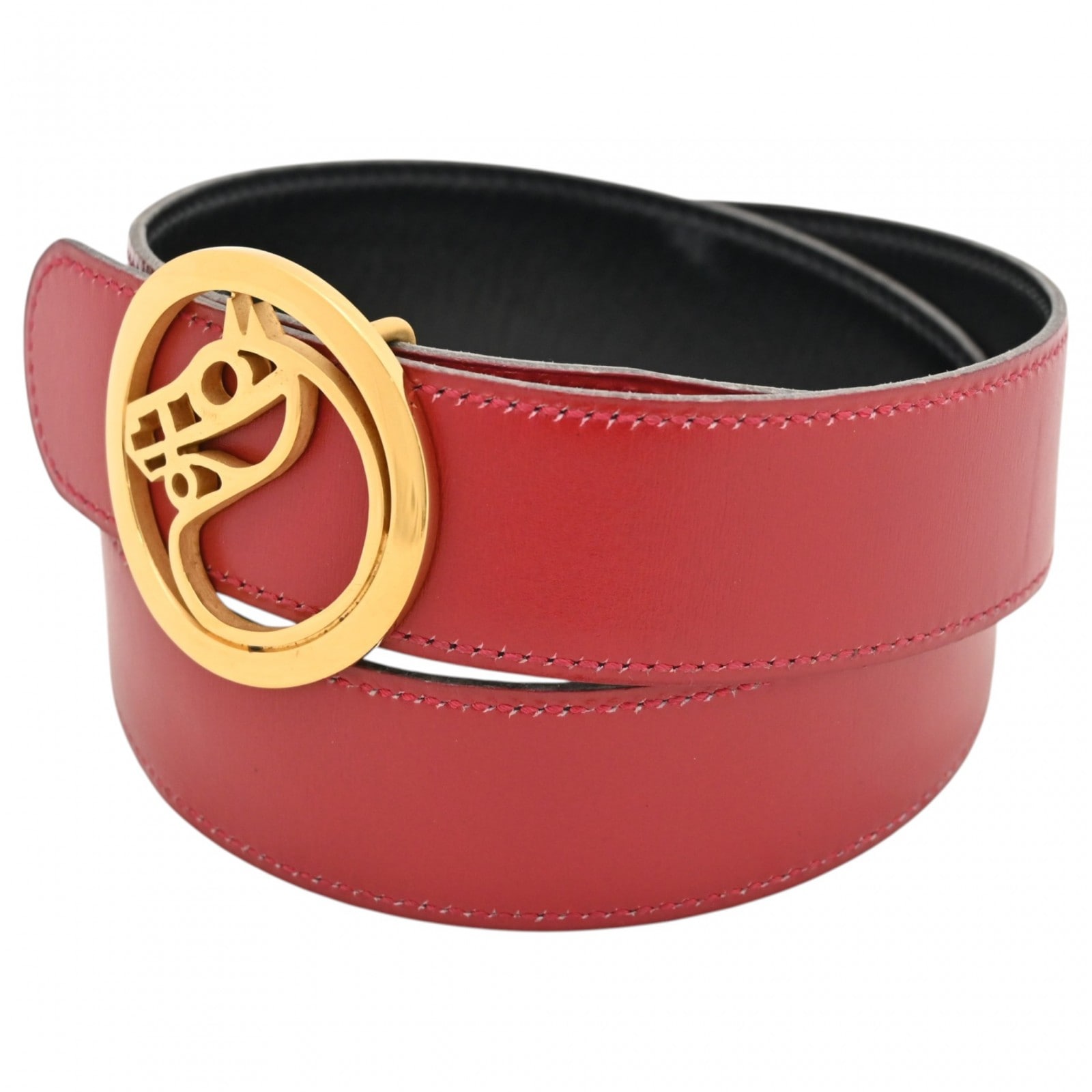 【中古】エルメス シュバル ホースバックル 馬 ベルト レッド ゴールド金具 Bランク he4522nd