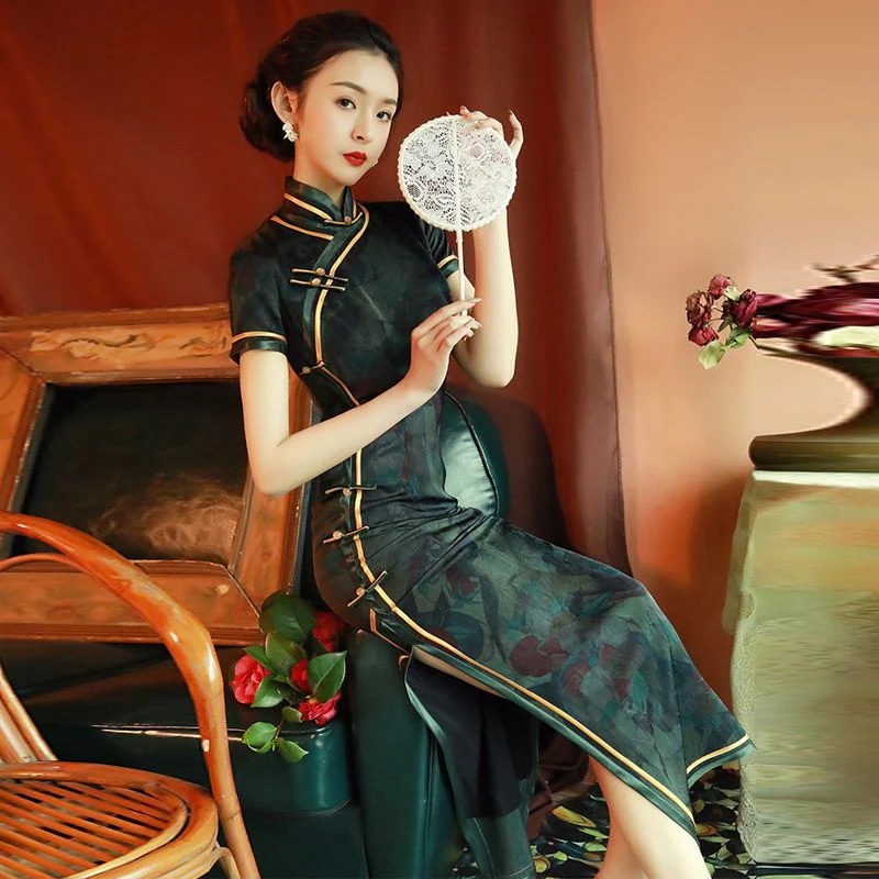ロングチャイナドレス共和党スタイルのエレガントな女性2025年夏改良グリーンドレス 7,387円