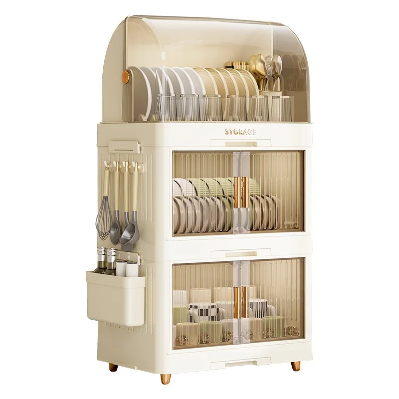 キッチン皿収納棚ダブル食器棚蓋付き防塵大容量食器水切りカトラリー収納キャビネット