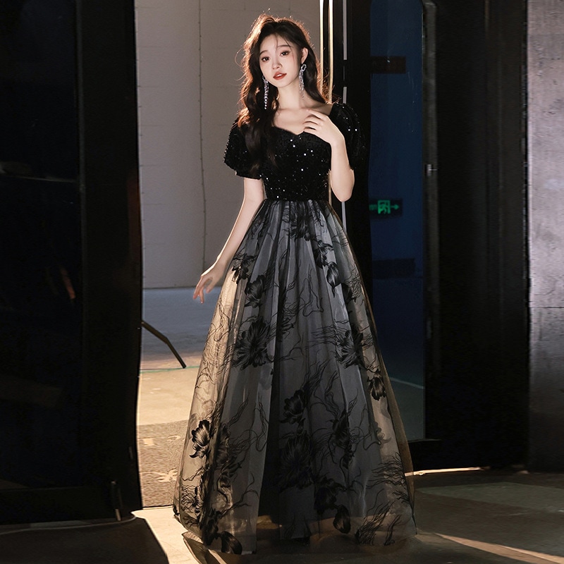 黒のスパンコールドレス贅沢な水墨画会ドレス誕生日司会者演出ロングスカート