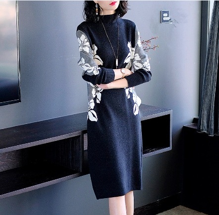 個性的 デート モテコーデ ワンピース ひざ丈 膝上 袖あり 7分袖 モックネック スリム Iライン スマート 切り替えデザイン かわいい 可愛い きれいめ シンプル 上品 おしゃれ お洒落