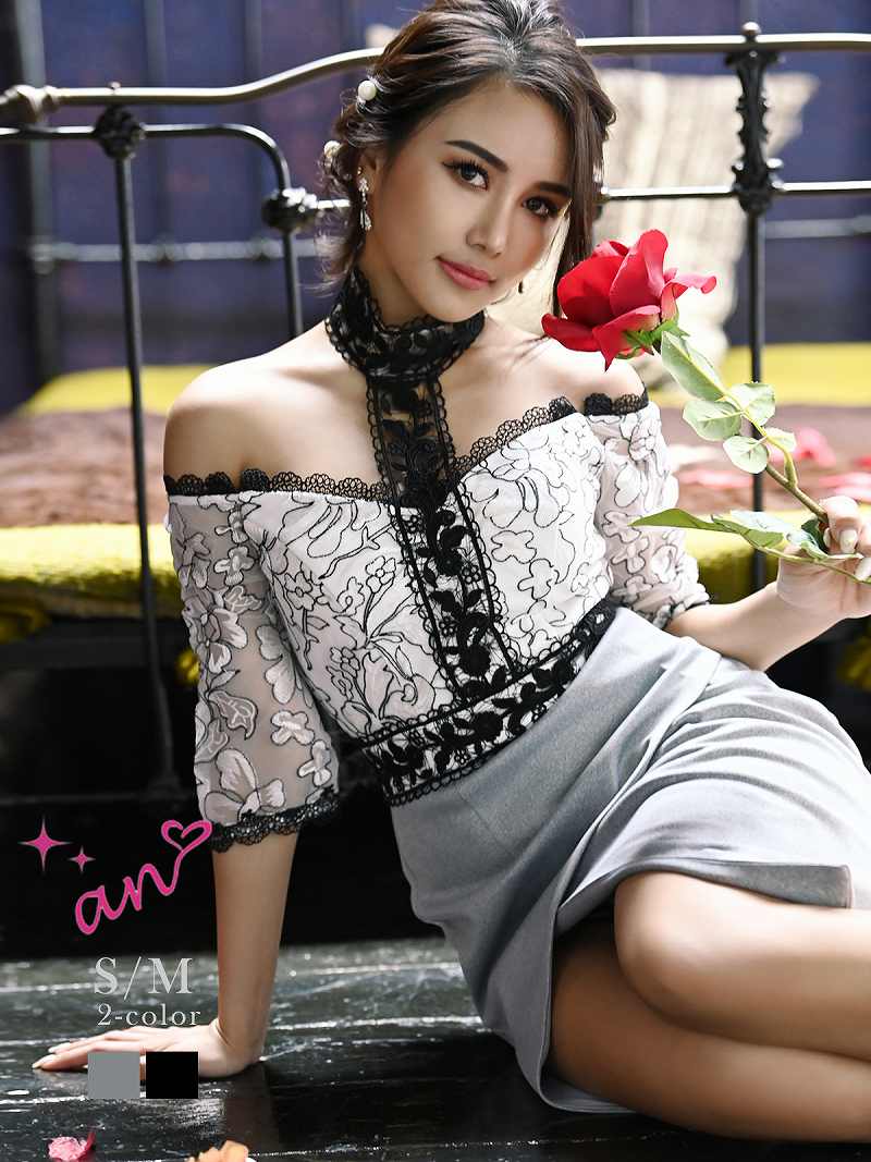 チョーカー風 オフショルダー レース アシンメトリー ハイネック 高級キャバドレス ブランドドレス 高級ドレスブランド an ANDY anドレス アン