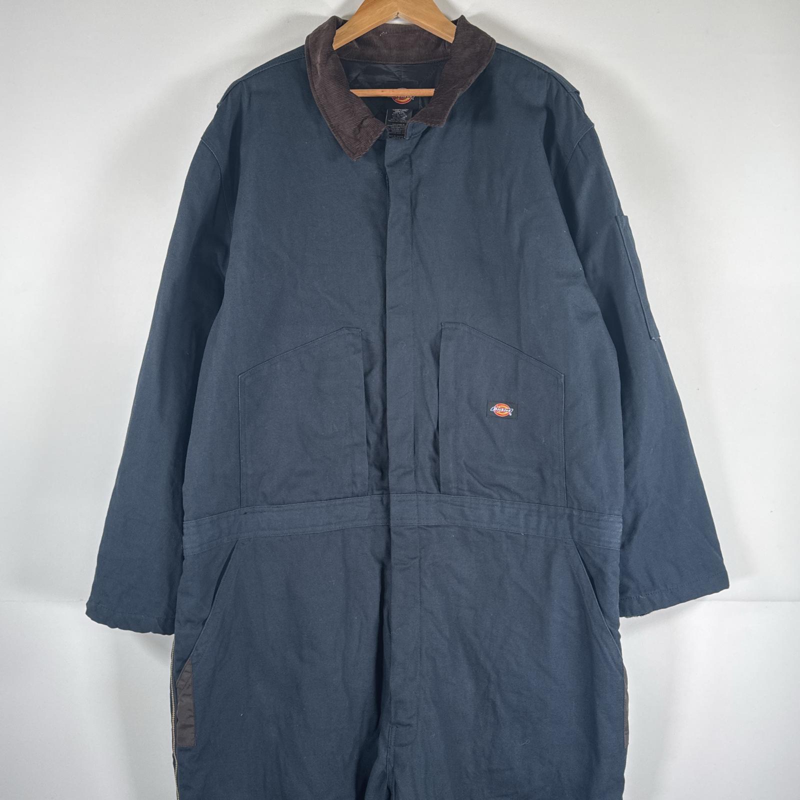 古着 長袖つなぎ ダック地 ワーク 作業着 オールインワン 裾ファスナー 大きいサイズ 中綿 2XL ネイビー メンズ