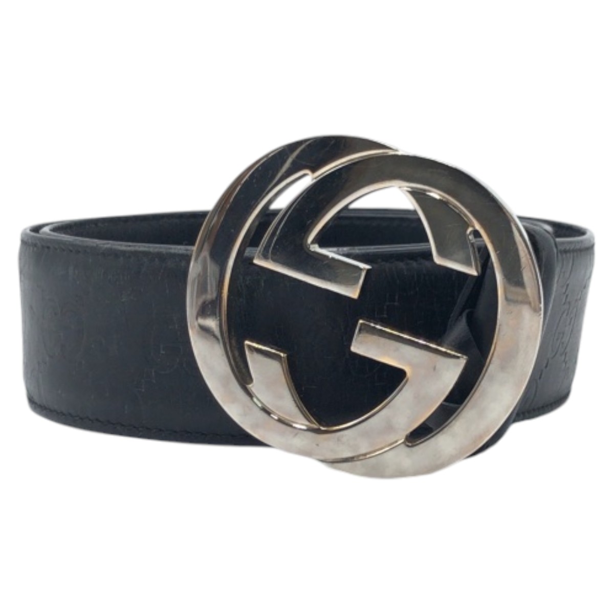 美品 インターロッキングG ブラック 黒 シルバー レザー 114876 85 34 ベルト 男女兼用 501957