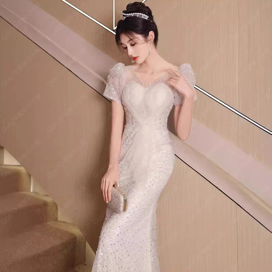 カラードレス カクテルドレス ロングドレス パーティードレス 発表会 演奏会 ステージドレス イブニングドレス 大人 ゴールド オフショルダー 袖付き キラキラ-10