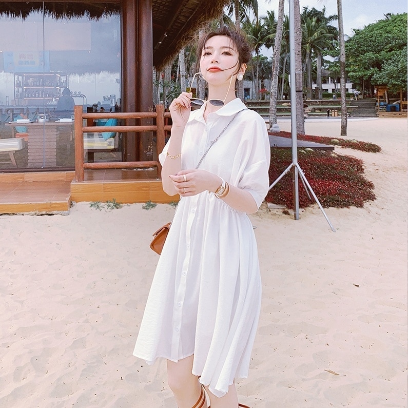 ワンピース 膝丈ドレス Aラインドレス 5分袖 パフスリーブ 襟付き シフォン ウエストマーク