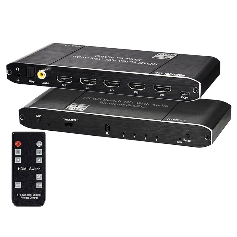 Iseebiz HDMI切替器 4入力1出力 4k60HZ HDR対応 HDMI2.0 HDCP2.2 自動切替 音声分離 PS4pro動作確認済み 光デジタル Dolby/DTS 5.1オーディオ対