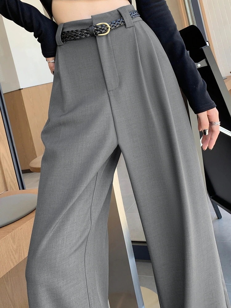 パンツグレーの高級感のあるスーツのズボンの女性の春の夏2025の新型のハイウエストのゆったりしているストレートの狭い版のワイドレギンスのズボンの垂れ下がった感