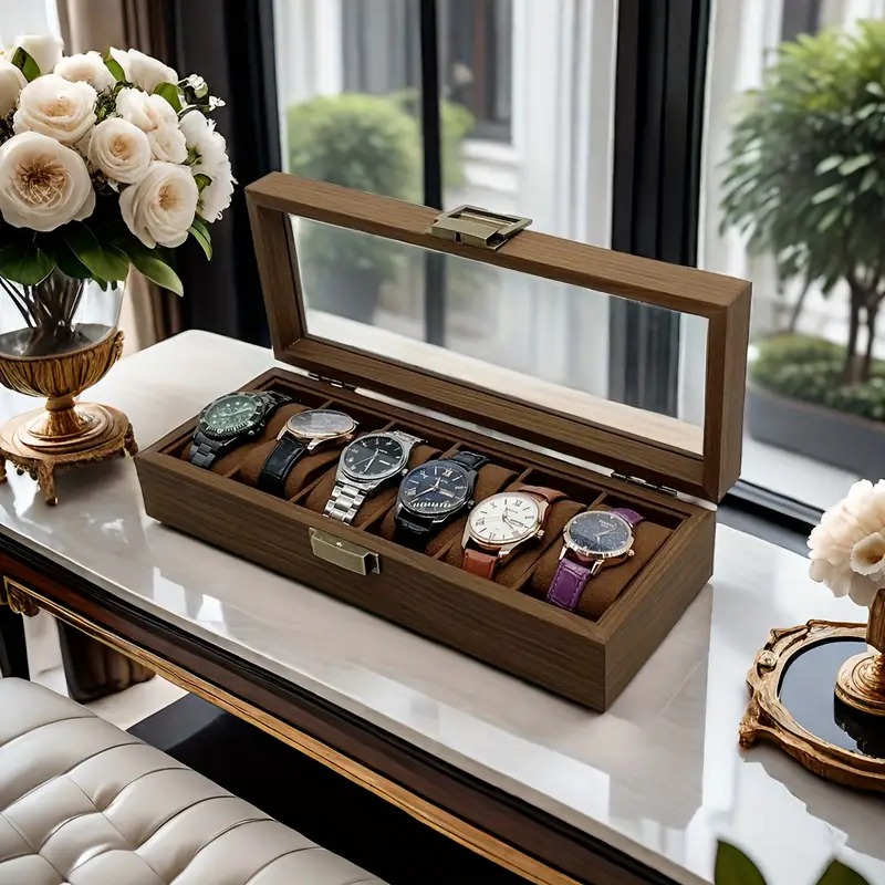 腕時計収納ボックス 腕時計を保管 展示 6スロット 木製 ブラウン 腕時計 ナチュラル お洒落 ウッド 木目 アンティーク調 インテリア 4-7