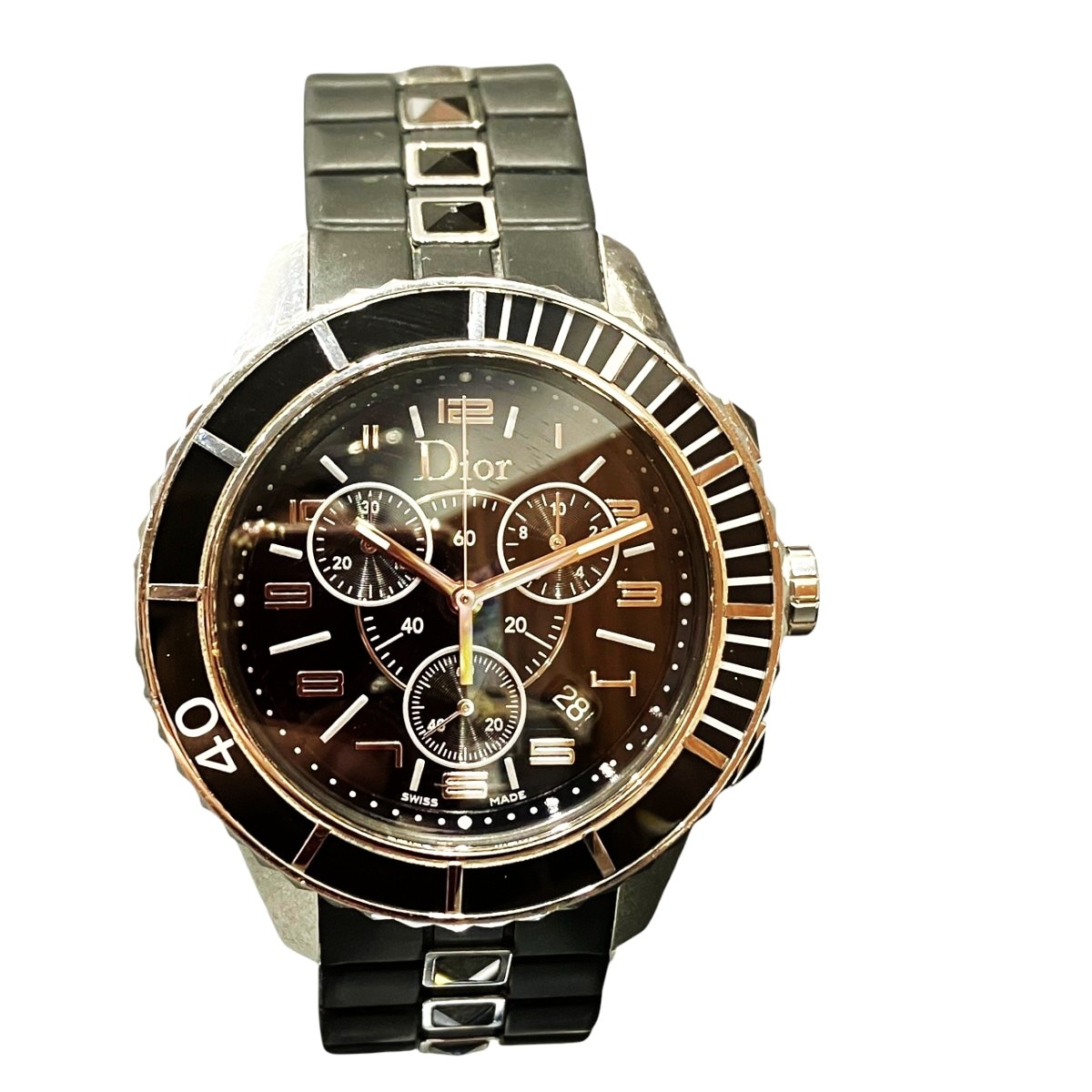 ディオール 腕時計 クリスタル クロノグラフ デイト 総重量約102.6g SS ラバー クオーツ ブラック文字盤文字盤 CD114317 中古