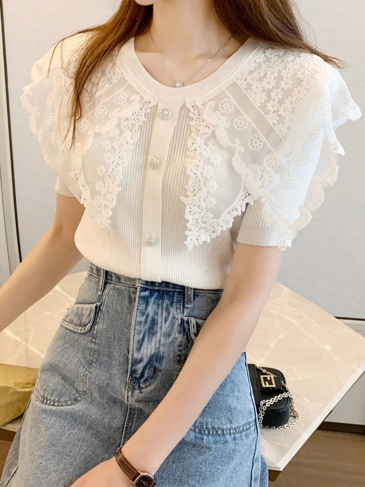 カットソー レディース 半袖　襟付き ビッグカラー レース 刺繍 リブ おしゃれ かわいい 大人可愛い きれいめ シンプル ガーリー 無地 夏 学生 デート お出かけ ホワイト ブラック トップス
