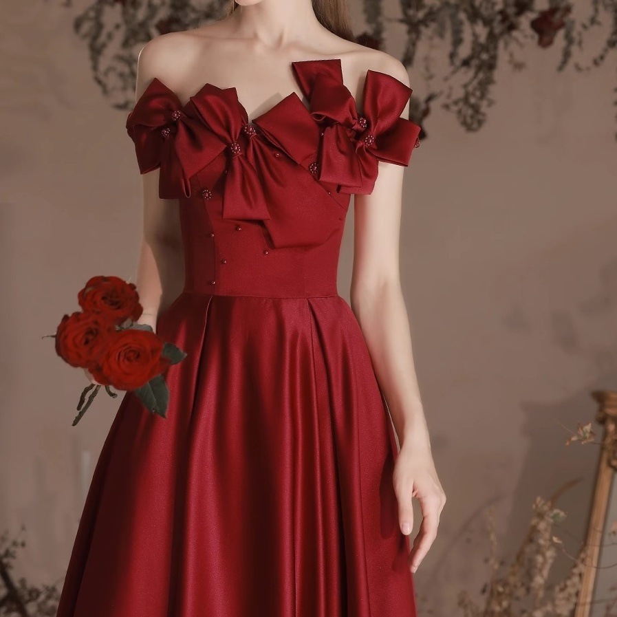 ドレス 衣装 イブニングドレス ロングドレス オフショルダー オフショル 胸元 リボン バックシャン ロング丈 切り替えデザイン セミフレア ステージドレス 発表会 かわいい 大人可愛い きれいめ