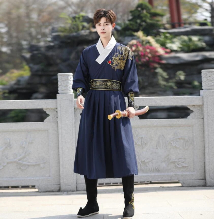 チャイナ服 華流 ハロウィン コスプレ衣装 中華風　文化祭 メンズ おしゃれグラデーション 中華服 上下セット 交差 袴風 中華衣裳 中国古代服装 中国時代劇コスム 刺繍 男性 漢服 カンフー