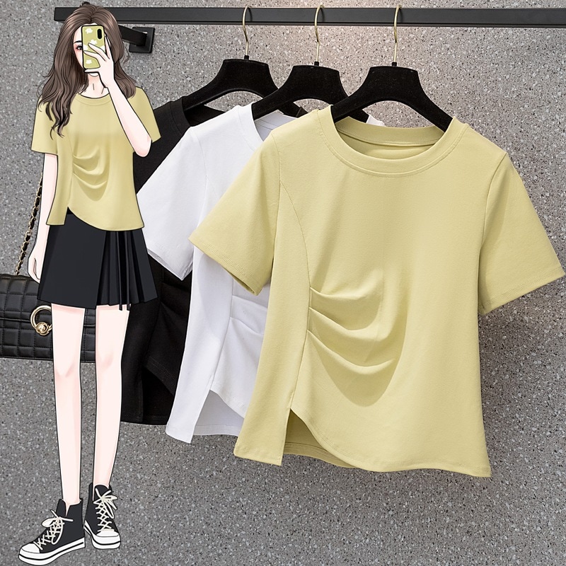 【1点ご購入 で10点プレゼントいたします】女装変則半袖Tシャツ夏2023太めmm感スリムトップス