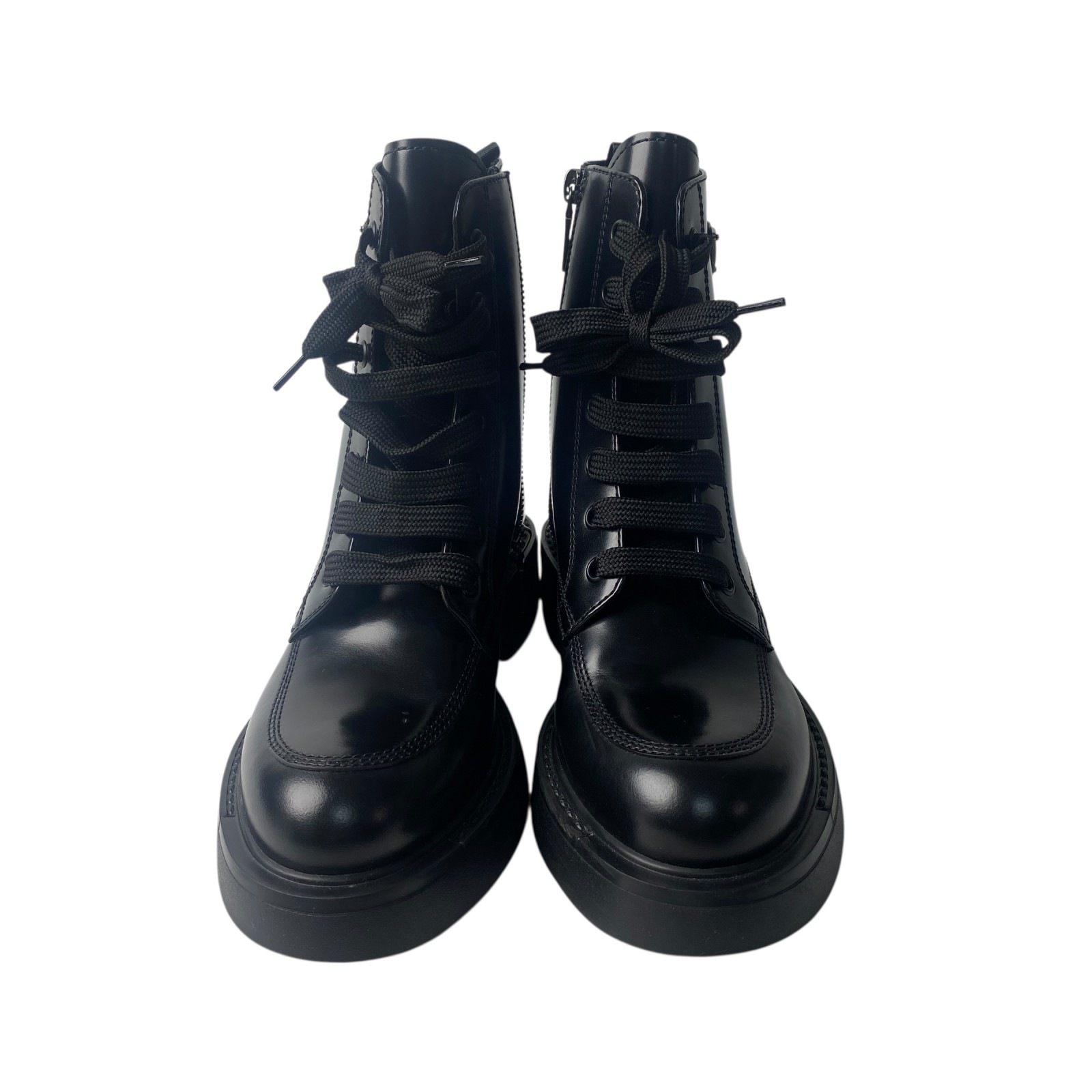 美品 プラダ PRADA レディース レースアップブーツ 34 1/2 三角ロゴプレート