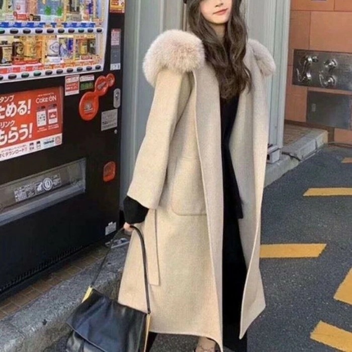 【秋冬 4color リアルファー フーディー ミドル丈 ウール コート ガウンコート ファーコート ロングコート ファー フード コート ベージュ