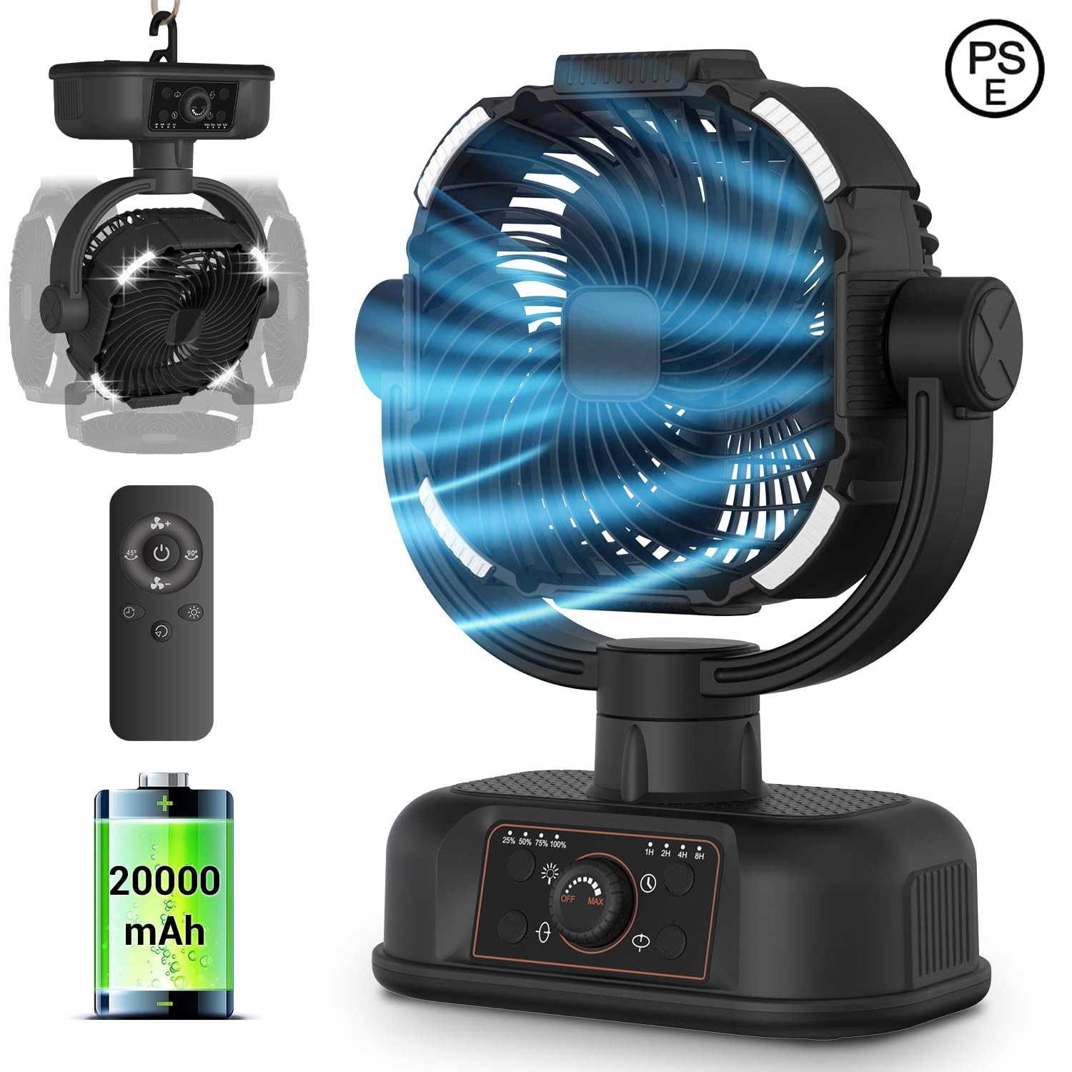 キャンプ扇風機【無段階風量調整】充電式扇風機吊り下げタイマー機能サーキュレーター扇風機 3D自動首振りリモコン付き LEDライト搭載 バッテリー 扇風機 卓上扇風機 キャンプ用品 業務用 工業扇