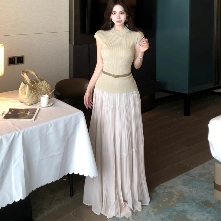 2点セット カットソー 半袖 ハイネック プルオーバー ミディアム丈 ロングスカート フレアスカート 揺れる 透け感 かわいい 大人可愛い きれいめ シンプル 上品 おしゃれ かっこいい カジュアル